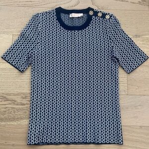 Tory Burch Navy & White Geometric Tee With Gold Logo Buttons